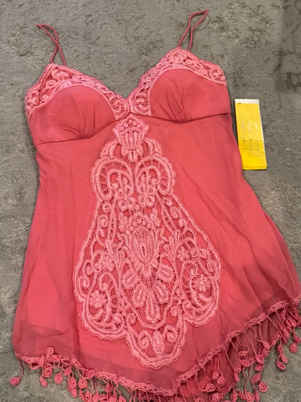 Sue Wong Silk Chiffon Y2K Handkerchief V Camisole Coral Pink Crochet Top Deco #7 - Picture 3 of 16